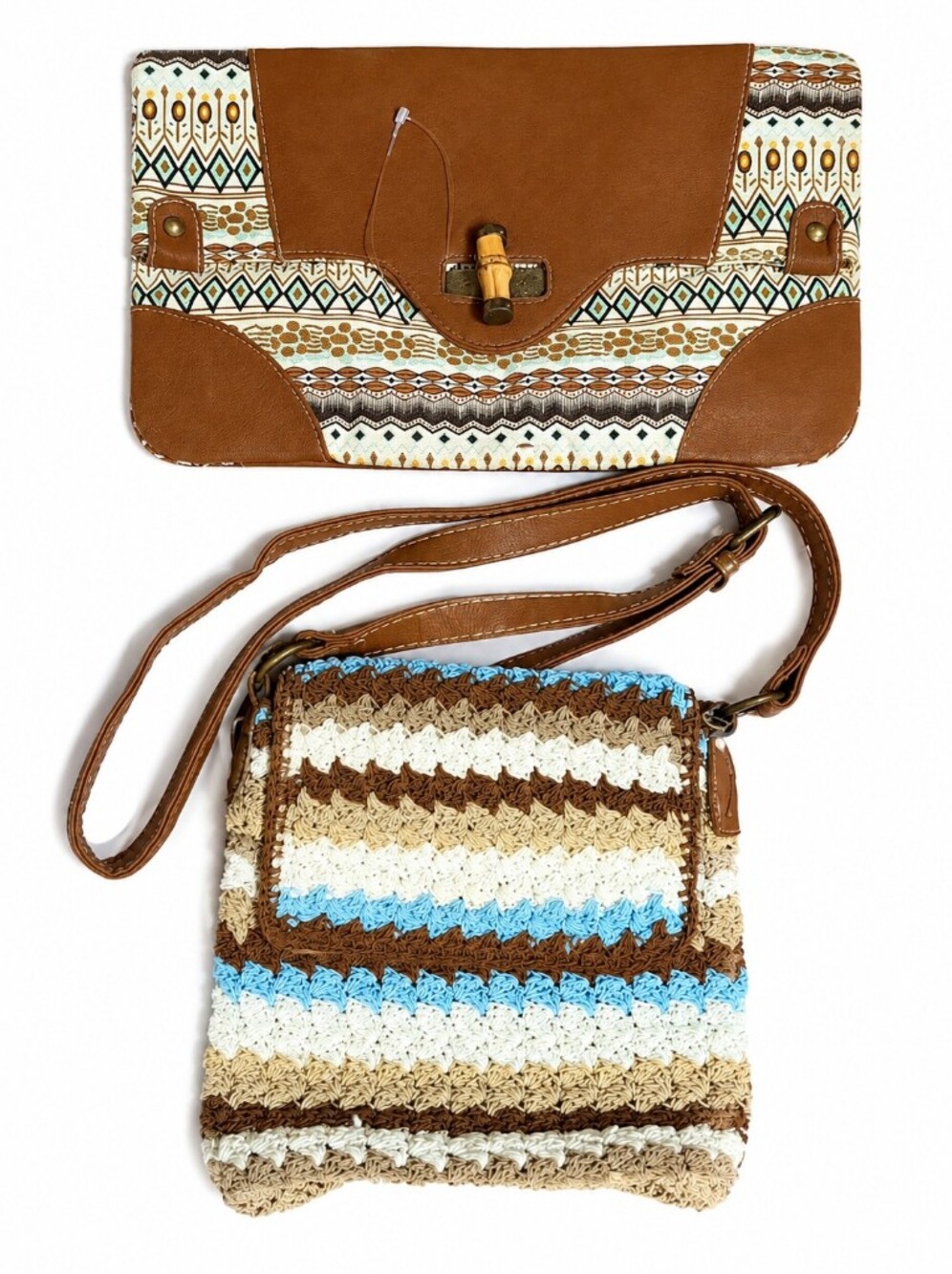 Brown/Blue Crochet Crossbody & Fold Over Clutch 2pcs Set
